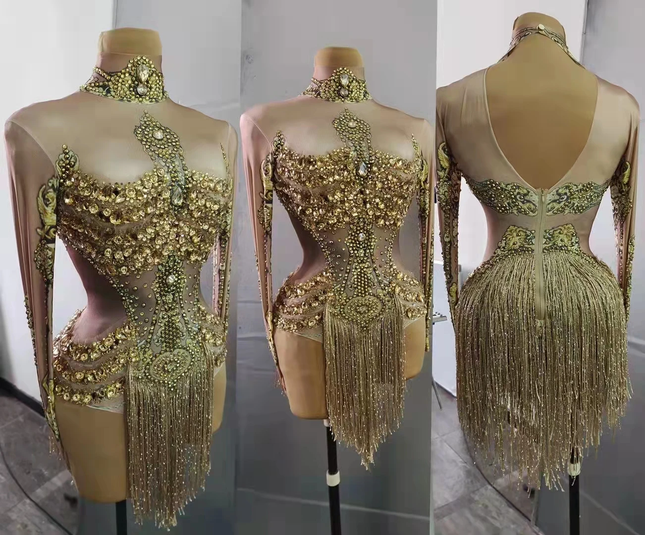 Gold Tassel Rhinestones Long Sleeve Bodysuit Nightclub Bar Gogo Dance Stage Female Singer Team Latin Pole Dance Leotard Costume
Gold Tassel Rhinestones Long Sleeve Bodysuit Nightclub Bar Gogo Dance Stage Female Singer Team Latin Pole Dance Leotard Costume