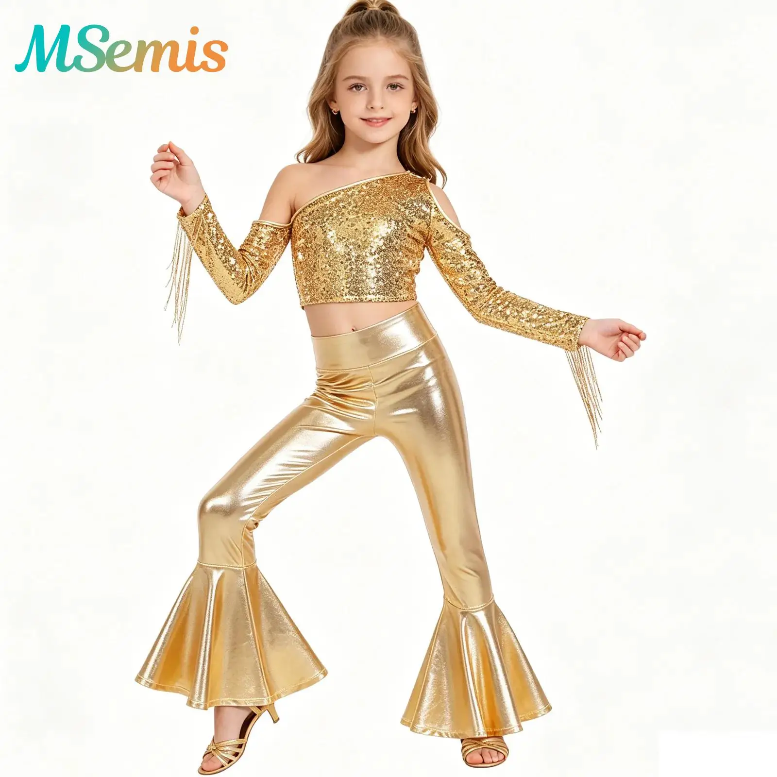 Kids Girls Hip Hop Jazz Dance Performance Costume Long Sleeve Shiny Sequin Tassels Crop Top with Bell-bottom Metallic Pants
Kids Girls Hip Hop Jazz Dance Performance Costume Long Sleeve Shiny Sequin Tassels Crop Top with Bell-bottom Metallic Pants