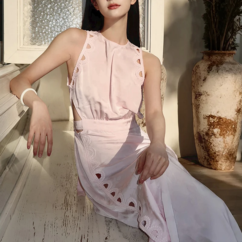 Summer New Women's Hollow out Sleeveless round Neck Pink High Waist Slimming Design Long Dress French Style Asymmetrical Hem
Summer New Women's Hollow out Sleeveless round Neck Pink High Waist Slimming Design Long Dress French Style Asymmetrical Hem