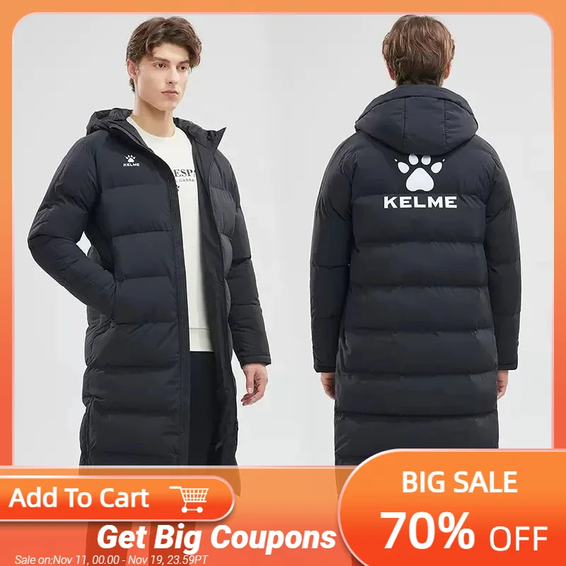 Мужская зимняя куртка KELME, длинное однотонное спортивное пальто, теплое зимнее пальто с хлопковой подкладкой для мужчин и женщин 9261MF1015