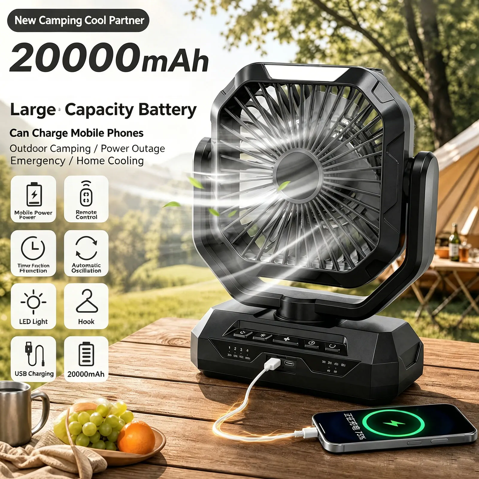 New Camping Fan 20000mAh Battery Powered 4 Speeds Wind Fan Rechargeable with LED Light Hanging Hook Portable Outdoor Tent Fan
New Camping Fan 20000mAh Battery Powered 4 Speeds Wind Fan Rechargeable with LED Light Hanging Hook Portable Outdoor Tent Fan