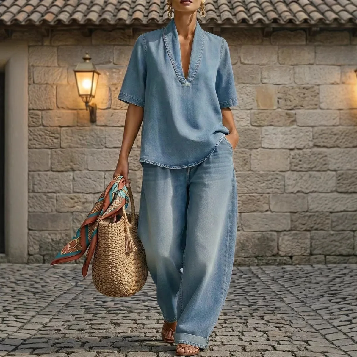 2026 Summer New Women's Casual Solid Color Denim Two Piece Set Loose Fit Comfortable Minimalist Style European American Fashion
2026 Summer New Women's Casual Solid Color Denim Two Piece Set Loose Fit Comfortable Minimalist Style European American Fashion