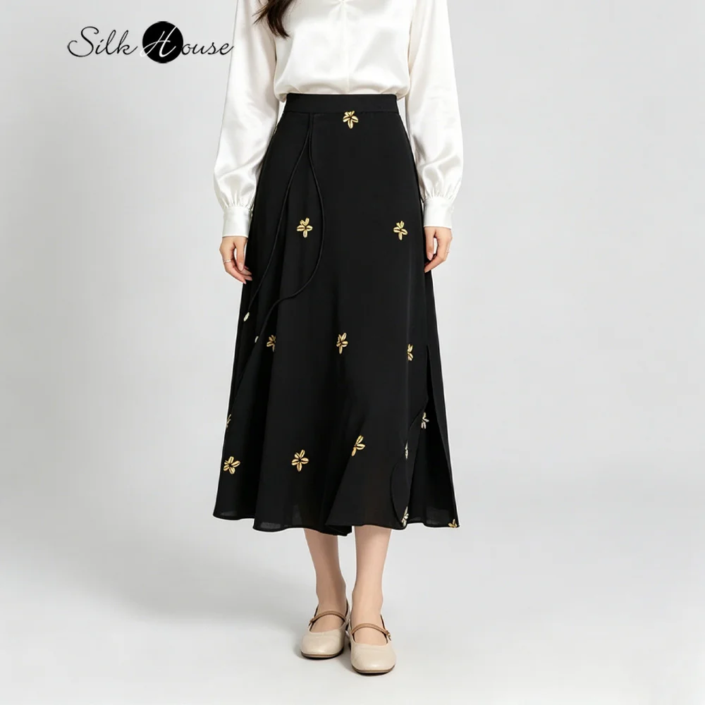 Women's Fashion Summer New Gold Gardenia Flower Print 100% Natural Mulberry Silk Double Crepe Versatile Black A-line Split Skirt
Women's Fashion Summer New Gold Gardenia Flower Print 100% Natural Mulberry Silk Double Crepe Versatile Black A-line Split Skirt