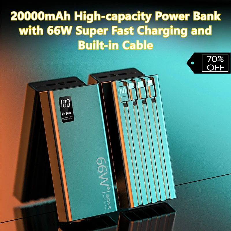 20000mAh High-capacity Power Bank with 66W Super Fast Charging and Built-in Cable
20000mAh High-capacity Power Bank with 66W Super Fast Charging and Built-in Cable