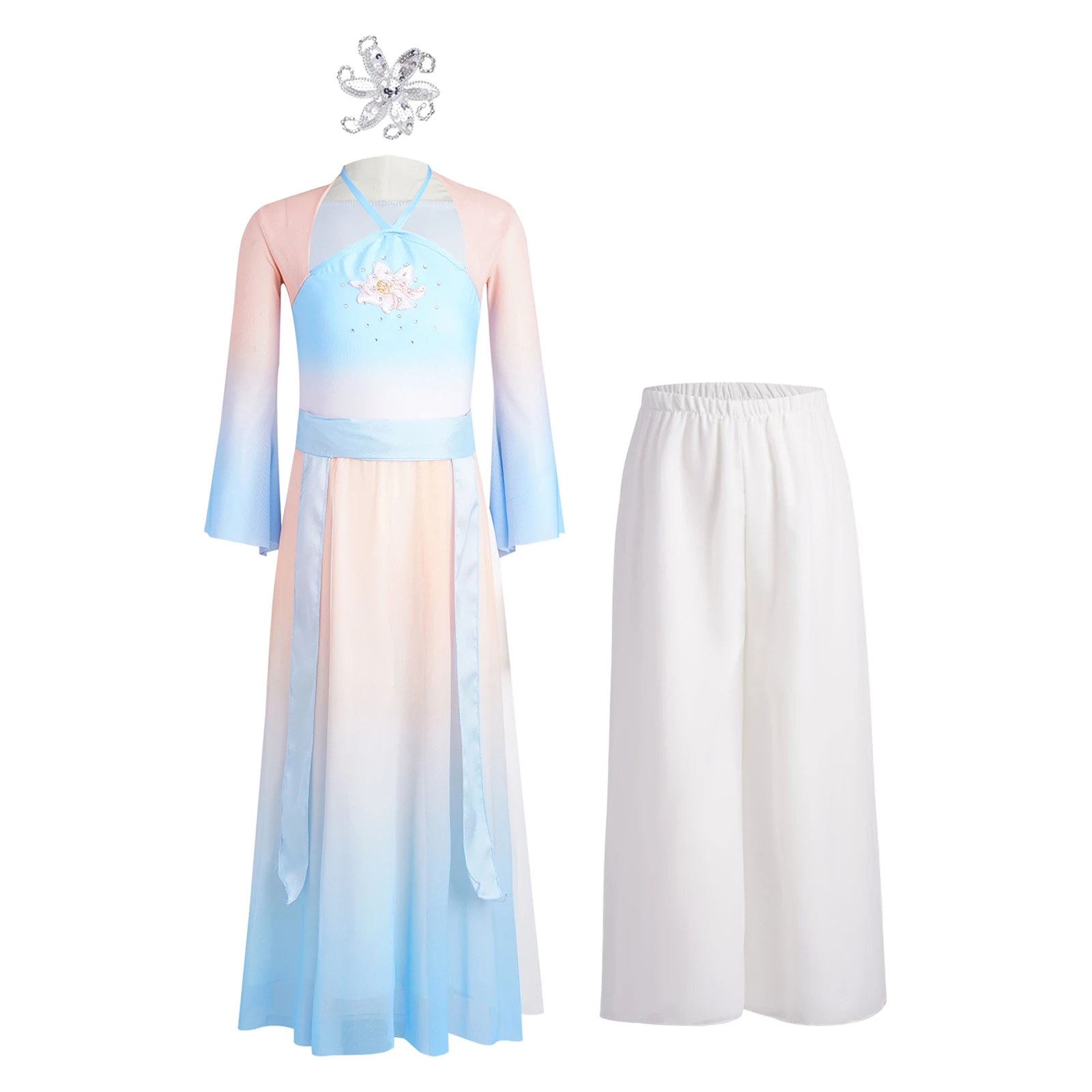 Kids Girls 4 Piece Classical Dance Costumes Flared Sleeve Sheer Mesh Dance Dress with Wide Leg Pants Belt And Headwear Dancewear
Kids Girls 4 Piece Classical Dance Costumes Flared Sleeve Sheer Mesh Dance Dress with Wide Leg Pants Belt And Headwear Dancewear