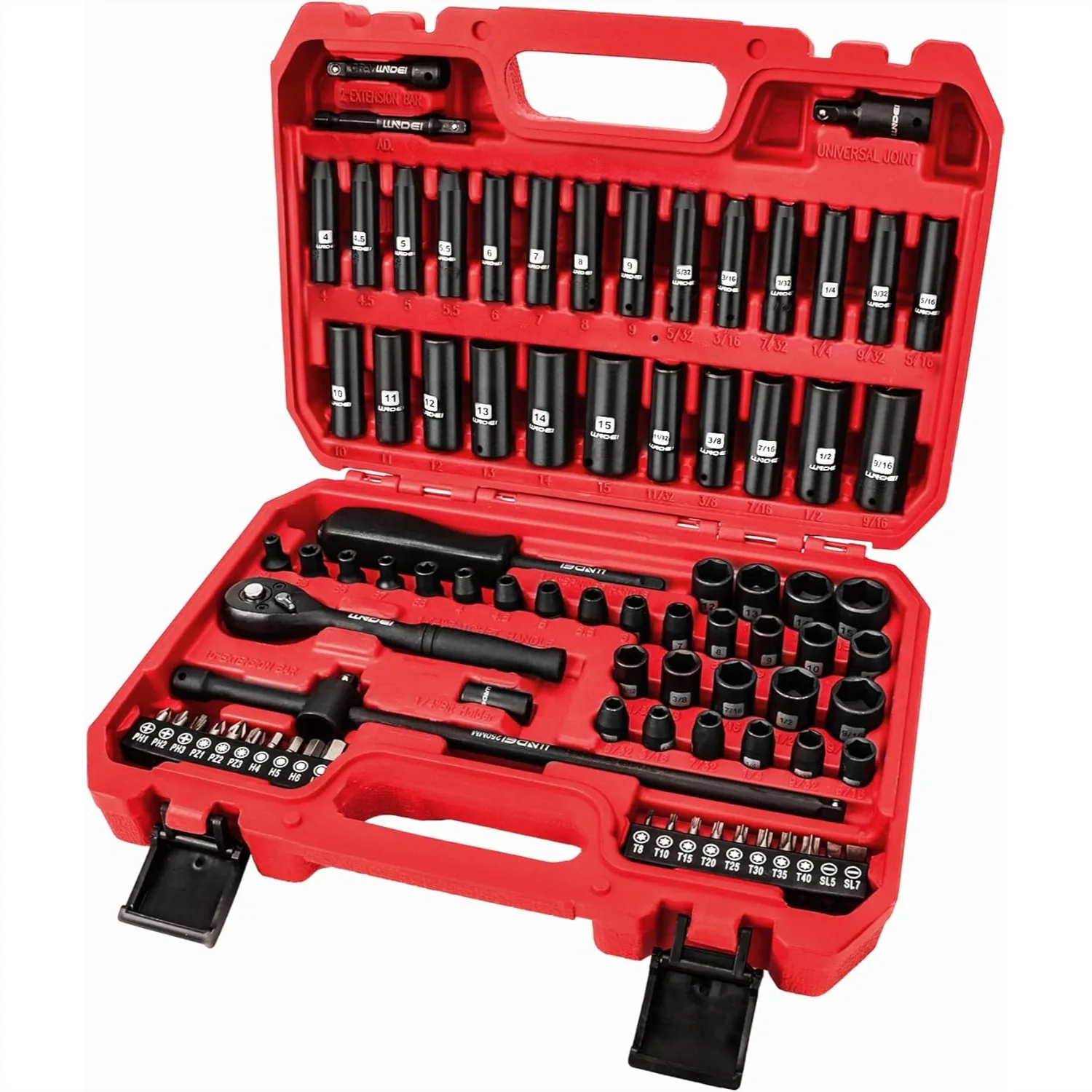 1/4 Inch Drive Impact Socket Set 83 Piece, SAE & Metric with 72T Ratchet Wrench, CR-V Mechanics Tool Kit for Automotive Repair
1/4 Inch Drive Impact Socket Set 83 Piece, SAE & Metric with 72T Ratchet Wrench, CR-V Mechanics Tool Kit for Automotive Repair