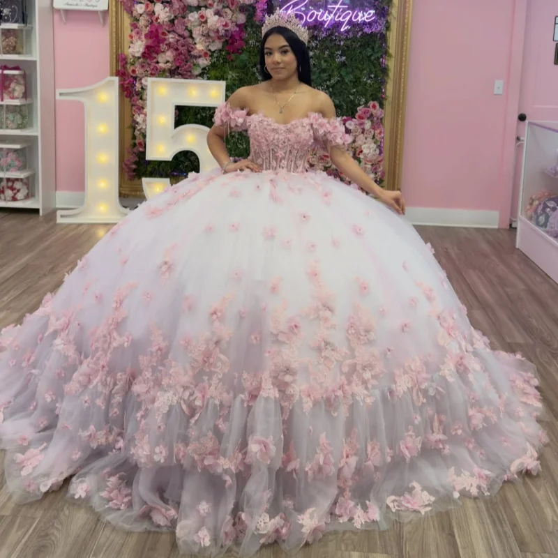 Light Pink Quinceanera Dress off-shoulder 3D Flower Decal Lace Layering Long tail Big Bow vestidos de 15 Quinceanera Customize
Light Pink Quinceanera Dress off-shoulder 3D Flower Decal Lace Layering Long tail Big Bow vestidos de 15 Quinceanera Customize