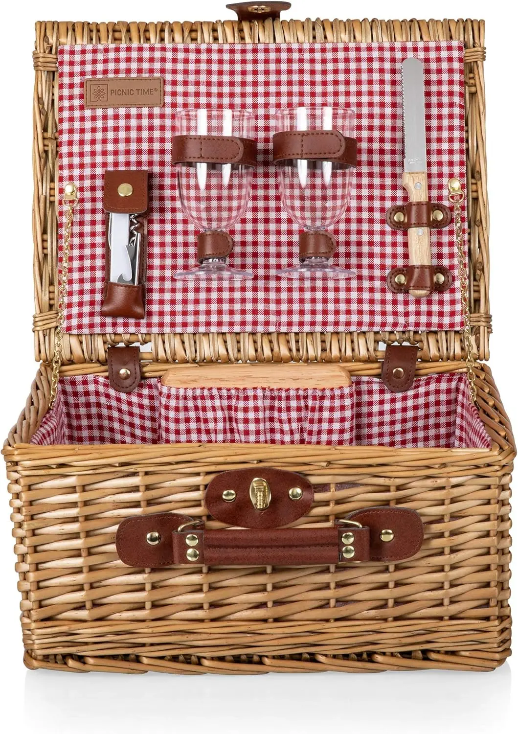 Classic Wine & Cheese Picnic Basket for 2, English-Style Wicker, Red Gingham Lined, Complete Set with Cheese Board, Plates, Glasses & Cutlery
Classic Wine & Cheese Picnic Basket for 2, English-Style Wicker, Red Gingham Lined, Complete Set with Cheese Board, Plates, Glasses & Cutlery