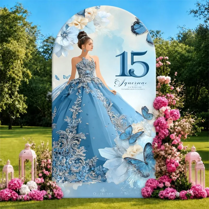 Single Side Arch Backdrop Cover Elegant Blue Quinceanera Background Banner with Silver Embroidery Floral Design and Butterfly
Single Side Arch Backdrop Cover Elegant Blue Quinceanera Background Banner with Silver Embroidery Floral Design and Butterfly
