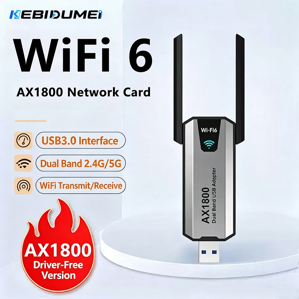 Kebidumei USB3.0 Wifi6 Adapter 1800Mbps Wireless Network Receiver Dongle Dual-Band 2.4G/5GHz for Desktop PC Laptop Gaming Office
Kebidumei USB3.0 Wifi6 Adapter 1800Mbps Wireless Network Receiver Dongle Dual-Band 2.4G/5GHz for Desktop PC Laptop Gaming Office
