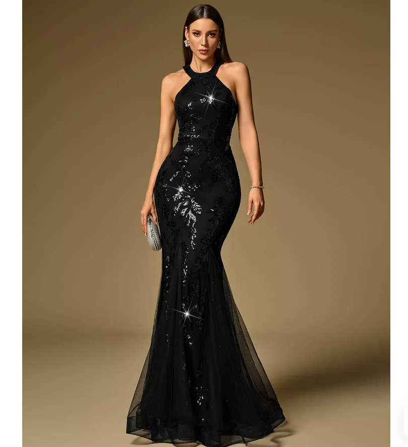 Quality pearl show fish tail evening dress hanging neck style sleeveless sequin dress
Quality pearl show fish tail evening dress hanging neck style sleeveless sequin dress