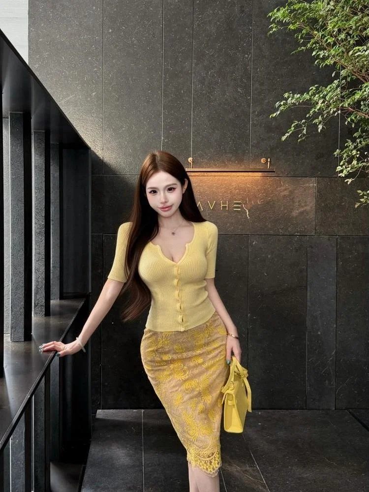 Summer New Women's Lace High Waist Bodycon V-Neck Knitted Top And Midi Skirt Two-Piece Set Fashionable And Elegant Design
Summer New Women's Lace High Waist Bodycon V-Neck Knitted Top And Midi Skirt Two-Piece Set Fashionable And Elegant Design