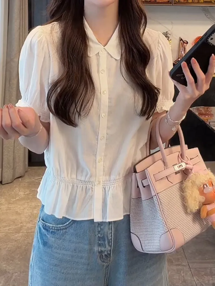 Sweet Doll Collar Single Button Short Sleeve Women's Shirt Summer New Fashion Loose Slimming Age-Defying Top Trendy Casual Style
Sweet Doll Collar Single Button Short Sleeve Women's Shirt Summer New Fashion Loose Slimming Age-Defying Top Trendy Casual Style