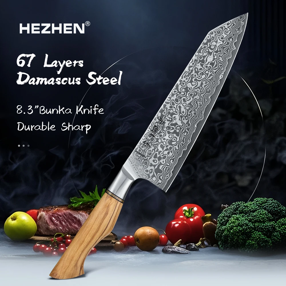 HEZHEN 8.3 Inches Bunka Knife 60±2 HRC Japanese 67 Layers Damascus Steel Gyuto Knife Beautiful Gift Box Cleaver Knife
HEZHEN 8.3 Inches Bunka Knife 60±2 HRC Japanese 67 Layers Damascus Steel Gyuto Knife Beautiful Gift Box Cleaver Knife