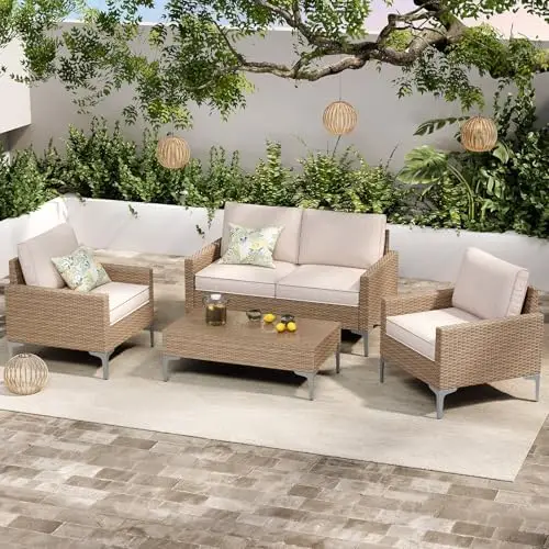 4-Piece Patio Furniture Set, Outdoor Wicker Sectional Sofa with Coffee Table, Anti-Slip & Thick All-Weather Cushions
4-Piece Patio Furniture Set, Outdoor Wicker Sectional Sofa with Coffee Table, Anti-Slip & Thick All-Weather Cushions