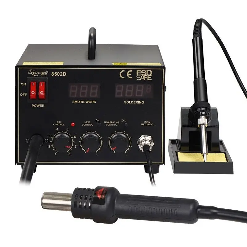 Chuera 8502D 650W Hot Air Rework Station hot air gun and soldering iron 2 in 1 Dual-Digital Display SMD soldering station
Chuera 8502D 650W Hot Air Rework Station hot air gun and soldering iron 2 in 1 Dual-Digital Display SMD soldering station