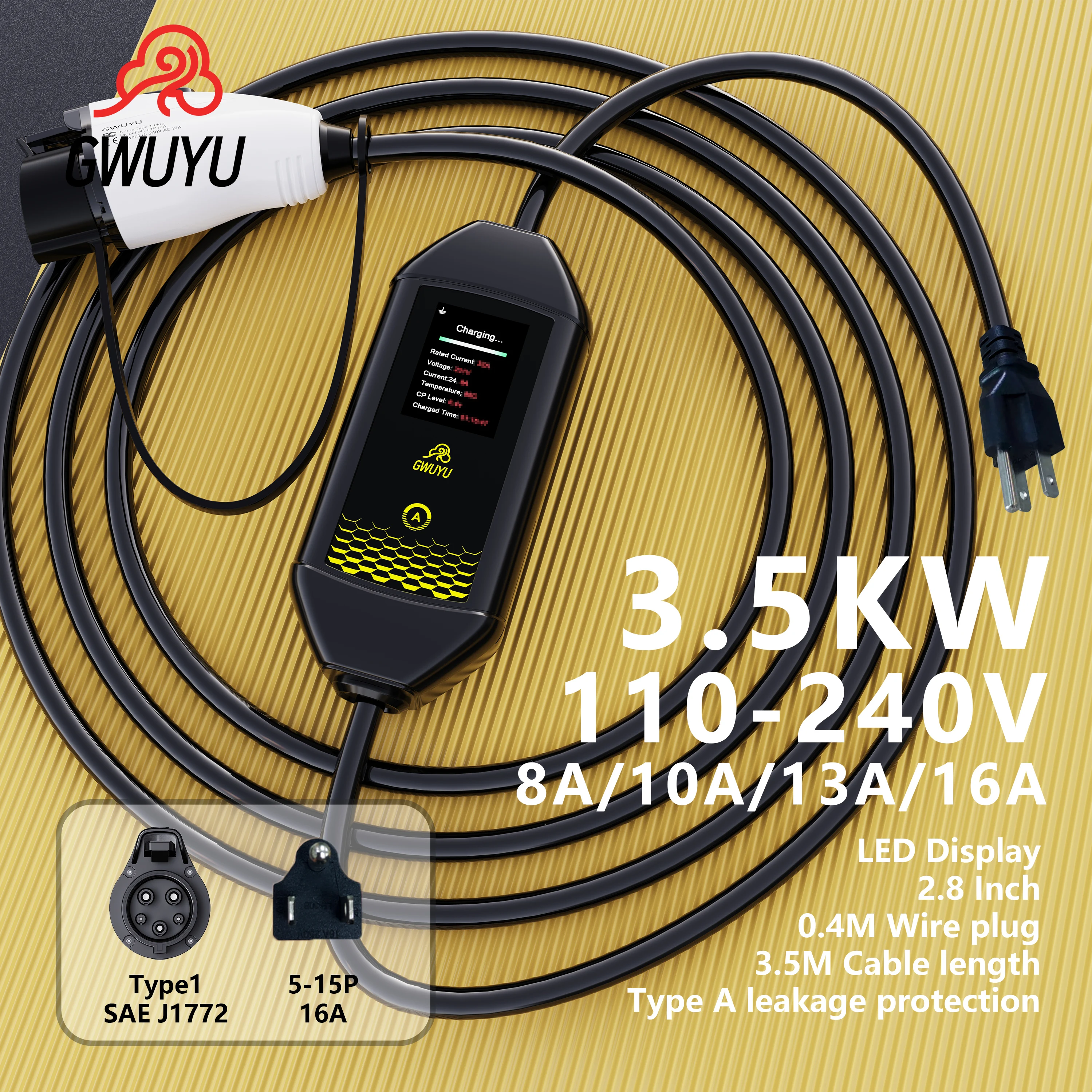 GWUYU M62-1 Portable Electric Vehicle Charger Type 1 Led Display 3.5KW 7.6KW 32A Adjustable 8A 10A 13A 16A Outdoor EV Charger
GWUYU M62-1 Portable Electric Vehicle Charger Type 1 Led Display 3.5KW 7.6KW 32A Adjustable 8A 10A 13A 16A Outdoor EV Charger