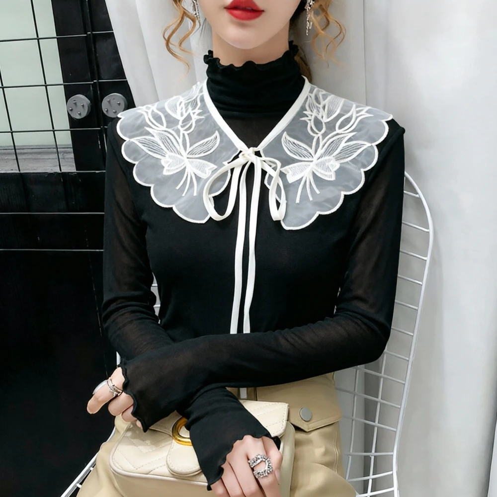 Palace Style Fake Collar Full Sleeve T Shirt Women Black White Detachable Mesh Tee False Collars Slim Stretch T Shirts Top Girls
Palace Style Fake Collar Full Sleeve T Shirt Women Black White Detachable Mesh Tee False Collars Slim Stretch T Shirts Top Girls