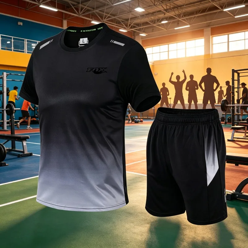 Unisex sports short sleeved set, quick drying and breathable, with FOX letter printed short sleeved+shorts casual set
Unisex sports short sleeved set, quick drying and breathable, with FOX letter printed short sleeved+shorts casual set