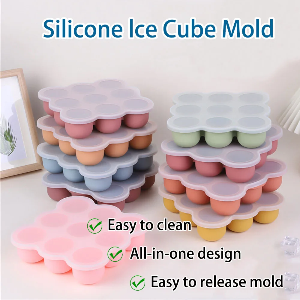 Food grade silicone ice cube tray with 9 molds, silicone ice mold with lid for making large ice cubes and baby food storage box
Food grade silicone ice cube tray with 9 molds, silicone ice mold with lid for making large ice cubes and baby food storage box