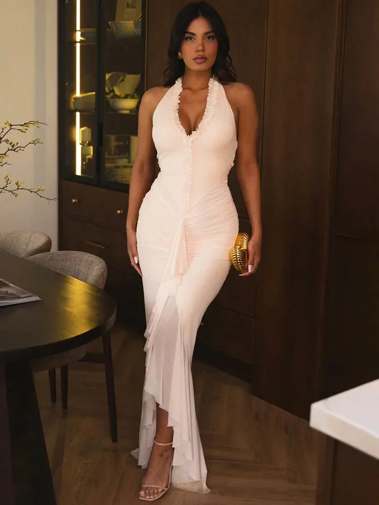 Halter V Neck Backless Sexy Maxi Dress Women Gown Fashion Sleeveless Draped Ruched Ruffle Club Party Long Dress Elegant
Halter V Neck Backless Sexy Maxi Dress Women Gown Fashion Sleeveless Draped Ruched Ruffle Club Party Long Dress Elegant