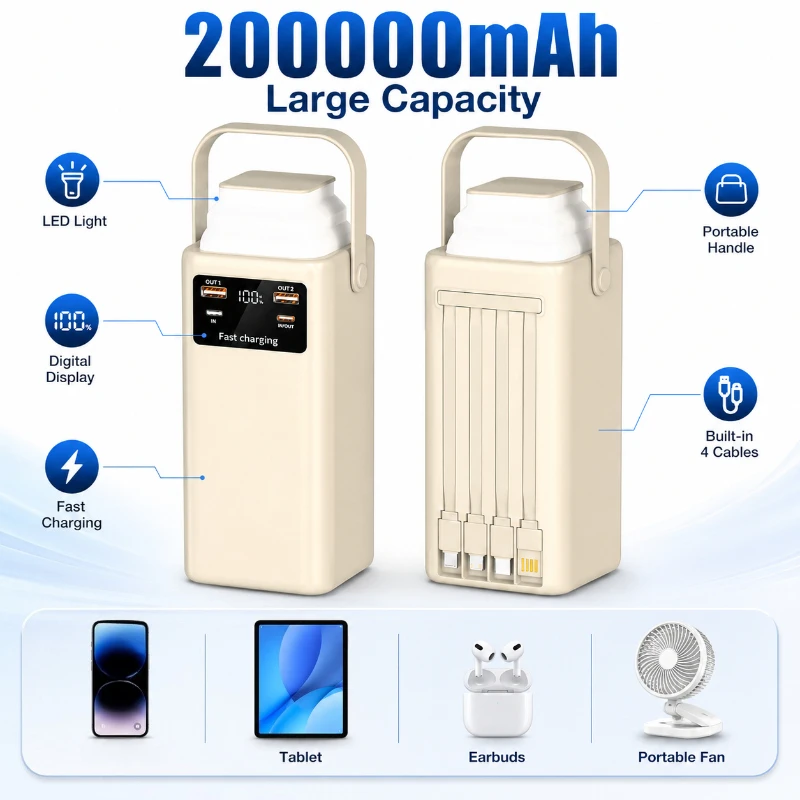 200000MAh Camping Super Large Capacity Power Bank New Portable Fast Charging Dual Line Outdoor Flash Charging Mobile Power Bank
200000MAh Camping Super Large Capacity Power Bank New Portable Fast Charging Dual Line Outdoor Flash Charging Mobile Power Bank