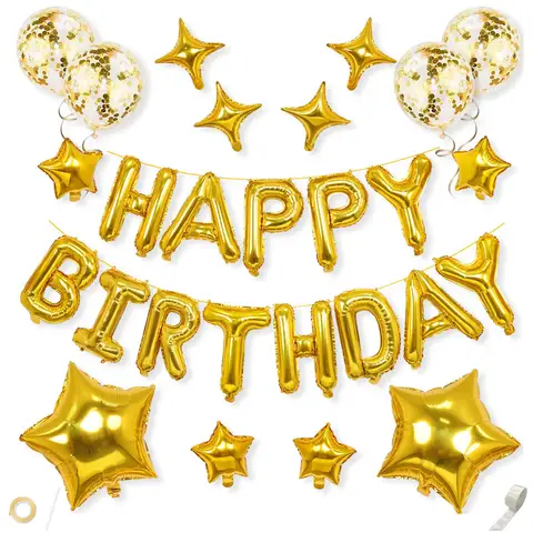 Gold Happy Birthday Balloon Set Mylar Foil Reusable Letters Birthday Banner Star Balloons Confetti Latex Balloons