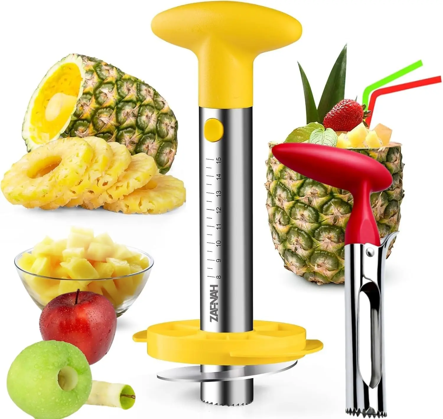 Pineapple Corer & Slicer Tool - Stainless Steel Peeler with Easy Core Remover, Eye Removal, and Measure Marks
Pineapple Corer & Slicer Tool - Stainless Steel Peeler with Easy Core Remover, Eye Removal, and Measure Marks