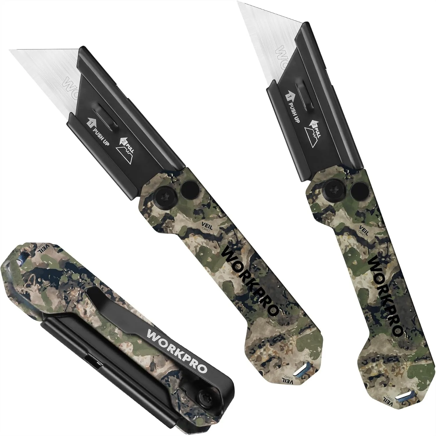 3 Pack Camo Folding Utility Knife Set With Quick Open Axis Lock, Compact EDC Box Cutter With Belt Clip For Cardboard Plastic Leather
3 Pack Camo Folding Utility Knife Set With Quick Open Axis Lock, Compact EDC Box Cutter With Belt Clip For Cardboard Plastic Leather