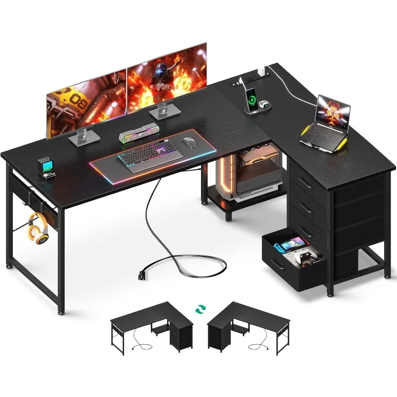 L Shaped Desk with 4 Tier Drawers, 61" Reversible Gaming Desk with Power Outlets, L Shaped Computer Desk with USB Charging Port
L Shaped Desk with 4 Tier Drawers, 61" Reversible Gaming Desk with Power Outlets, L Shaped Computer Desk with USB Charging Port