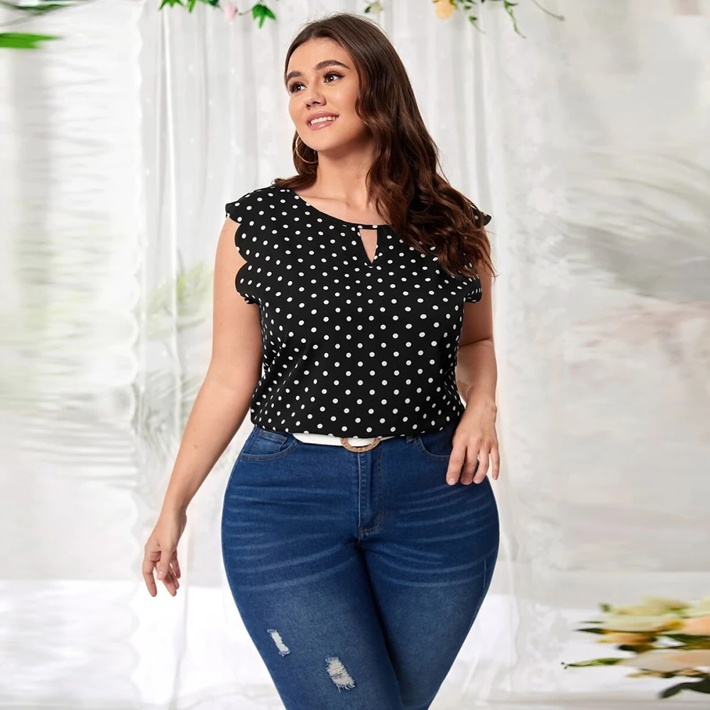 Polka Dot Printed Plus Size Women Blouse Sleeveless Hollow Out Crew Neck Elegant Shirts Ruffle Summer Female Office Lady Blouses
Polka Dot Printed Plus Size Women Blouse Sleeveless Hollow Out Crew Neck Elegant Shirts Ruffle Summer Female Office Lady Blouses