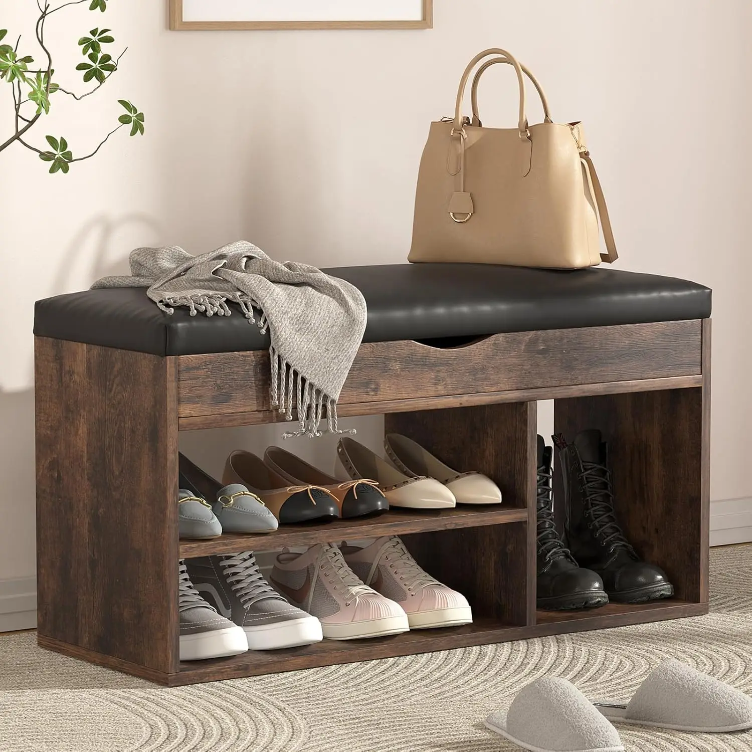 31-Inch Storage Bench with Padded Cushion, Shoe Bench with 2-Tier Organizer, Upholstered Entryway Bench for Living Room, Brown
31-Inch Storage Bench with Padded Cushion, Shoe Bench with 2-Tier Organizer, Upholstered Entryway Bench for Living Room, Brown