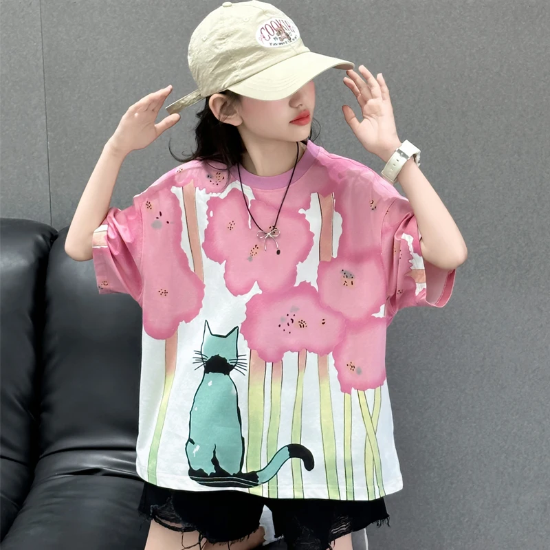 New Summer High Fashion Kids Short Sleeve Flower T-shirt with Cat for Girls Trendy Tee Shirt Child Stylish Streetwear Tshirt
New Summer High Fashion Kids Short Sleeve Flower T-shirt with Cat for Girls Trendy Tee Shirt Child Stylish Streetwear Tshirt