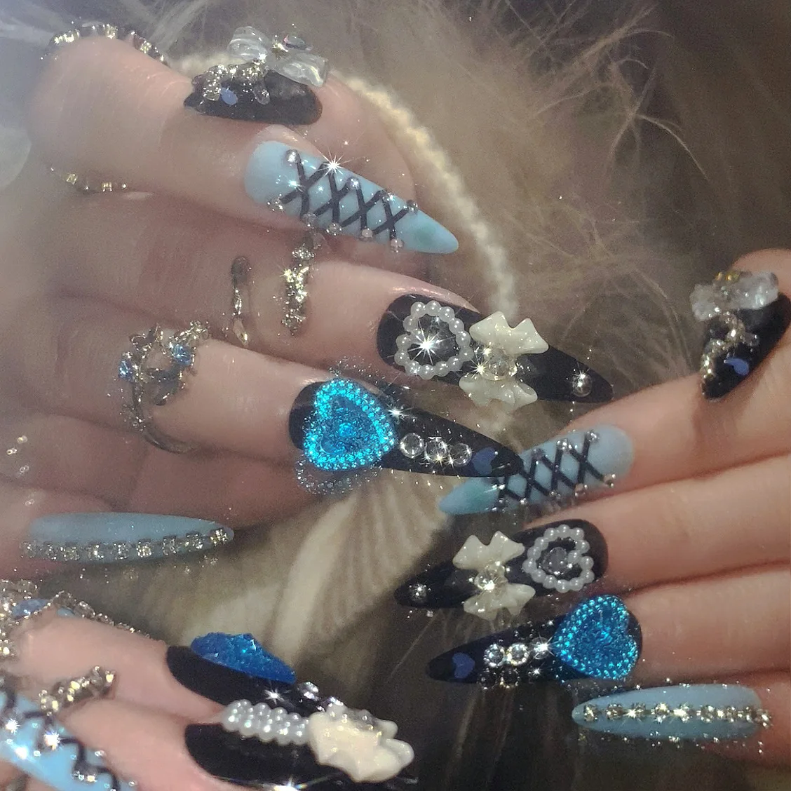 24Pcs Black Blue Press On Nails Long Almond False Nails with 3D Bow, Heart Rhinestone Full Cover Acrylic Fake Nail for Women
24Pcs Black Blue Press On Nails Long Almond False Nails with 3D Bow, Heart Rhinestone Full Cover Acrylic Fake Nail for Women