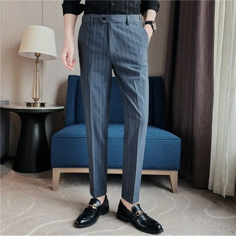 2023 Spring Summer Suit Pants Men Slim Work Elastic Waist Button Soft Formal Trousers Male Korean Striped Brand Clothing P148
2023 Spring Summer Suit Pants Men Slim Work Elastic Waist Button Soft Formal Trousers Male Korean Striped Brand Clothing P148