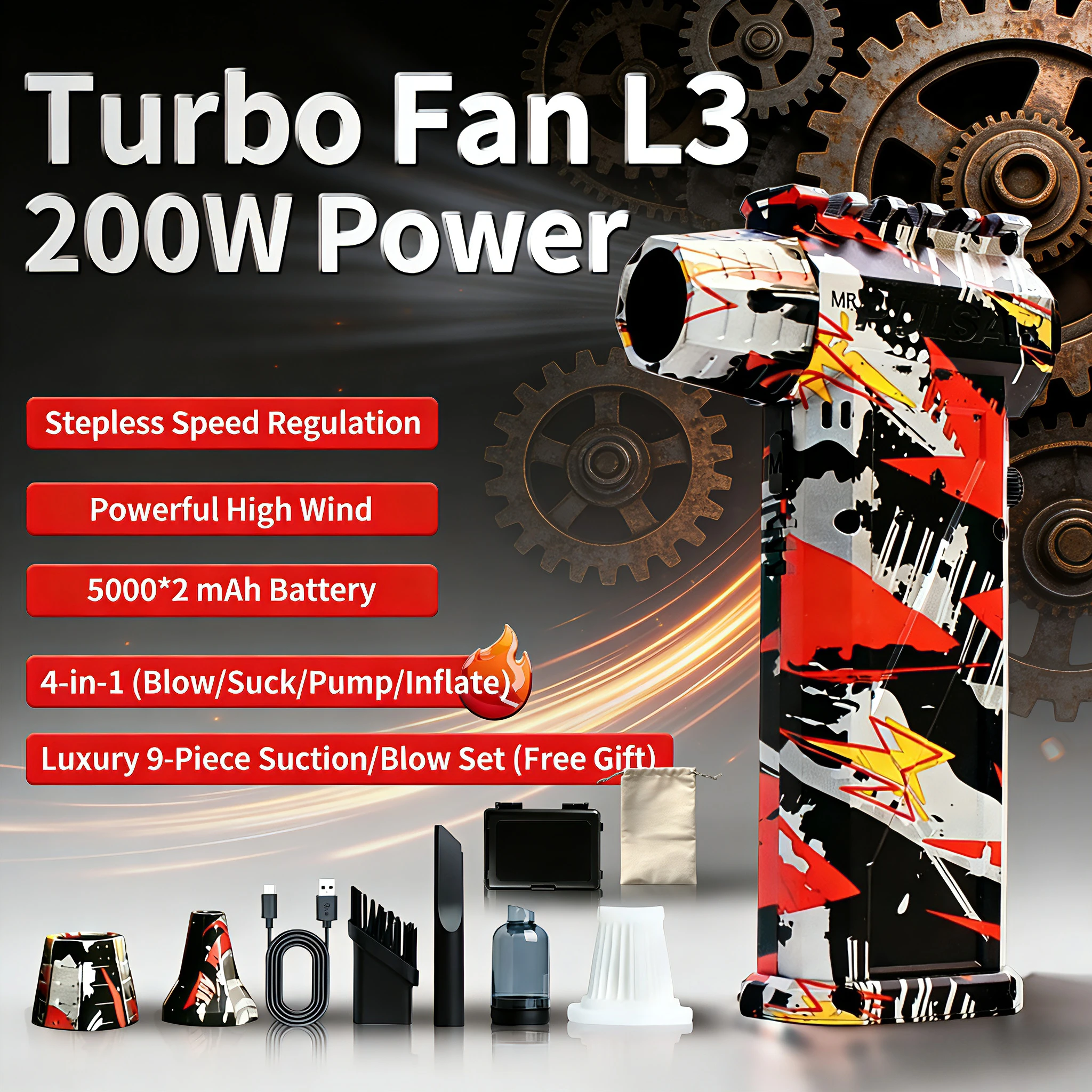 Мощный турбоструйный фен L3, с вращающейся скоростью 250 000 об/мин и скоростью ветра 53 м/с, перезаряжаемый, бесщеточный двигатель.
Мощный турбоструйный фен L3, с вращающейся скоростью 250 000 об/мин и скоростью ветра 53 м/с, перезаряжаемый, бесщеточный двигатель.