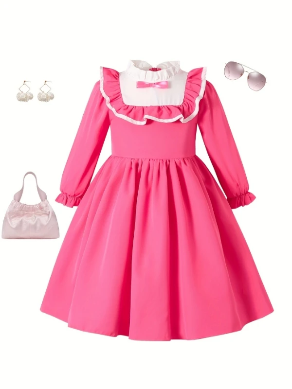 Girls' Spring and Autumn Dress: Fuchsia Ruffled Collar Bow Princess Dress, Vintage Sweet Court-Style Long-Sleeve Gown
Girls' Spring and Autumn Dress: Fuchsia Ruffled Collar Bow Princess Dress, Vintage Sweet Court-Style Long-Sleeve Gown