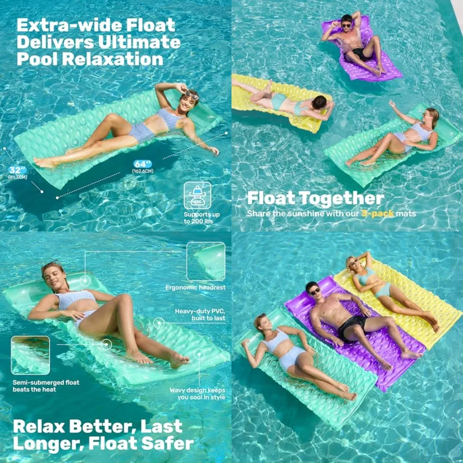3 Pack Inflatable Pool Mat Swimming Pool Mattress Float Lounge with Headrest, Pool Float Air Mat for Adults 64x32 inch
3 Pack Inflatable Pool Mat Swimming Pool Mattress Float Lounge with Headrest, Pool Float Air Mat for Adults 64x32 inch