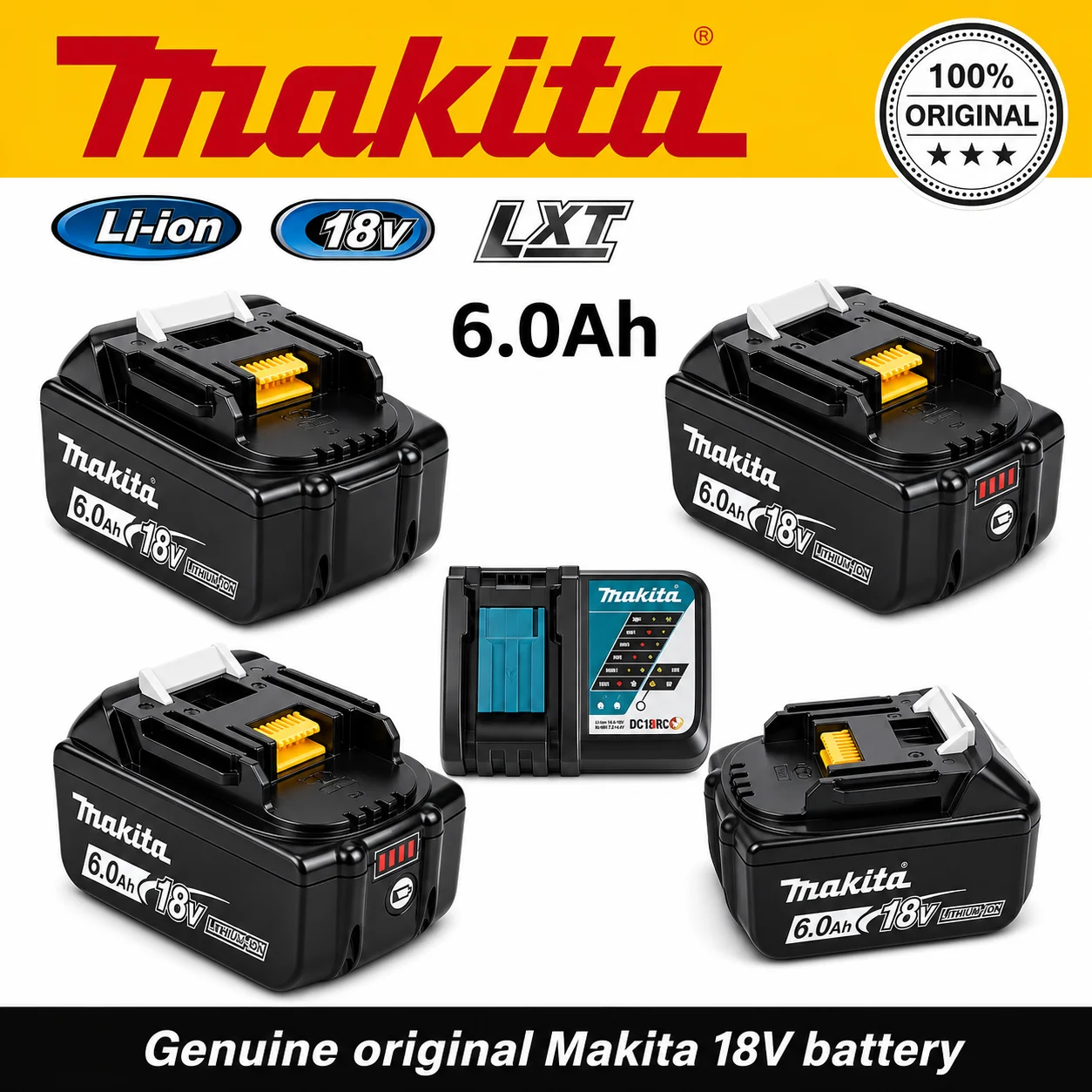 Makita Original 18V 6.0Ah Lithium‑ion Battery Compatible with BL1830 BL1850 Cordless Power Tools
Makita Original 18V 6.0Ah Lithium‑ion Battery Compatible with BL1830 BL1850 Cordless Power Tools