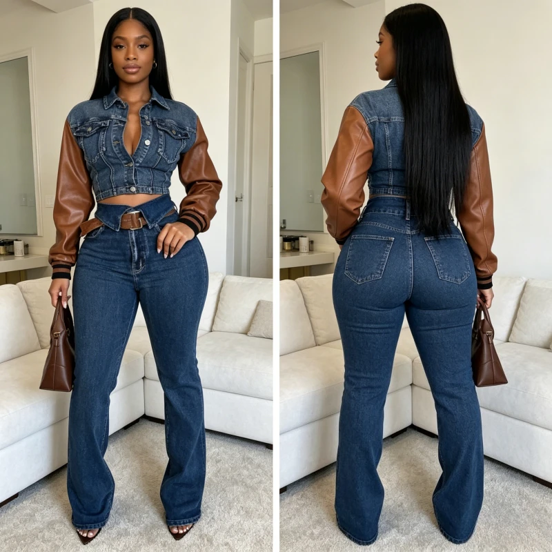 Jeans Suit Women Denim 2 Piece Sets Jacket Pu Patchwork Straight Pants Turn Down Collar Single Breasted Outfits Streetwear 2026
Jeans Suit Women Denim 2 Piece Sets Jacket Pu Patchwork Straight Pants Turn Down Collar Single Breasted Outfits Streetwear 2026