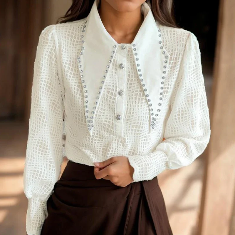 Vintage Solid Long Sleeve Lace Blouse Women Elegant Beaded Turn-down Collar White Shirt Woman Korean Loose Simple Tops New 29716
Vintage Solid Long Sleeve Lace Blouse Women Elegant Beaded Turn-down Collar White Shirt Woman Korean Loose Simple Tops New 29716