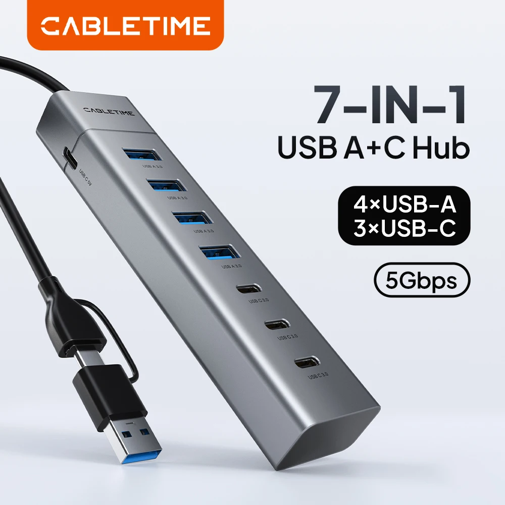 CABLETIME USB 3.0 5Gbps Fast Data Transfer 7 IN 1 USB A Hub USB C HUB Aluminum Durable Shell for Laptop Mac TV Hard Drive C HUB
CABLETIME USB 3.0 5Gbps Fast Data Transfer 7 IN 1 USB A Hub USB C HUB Aluminum Durable Shell for Laptop Mac TV Hard Drive C HUB