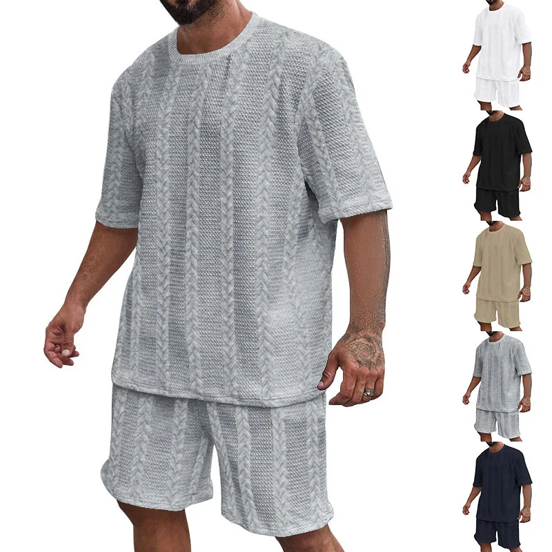 Fashion Summer Men's Casual 2-Piece Set Streetwear Short-Sleeve T-Shirt with Jacquard Fabric and Twisted Stripe Pattern
Fashion Summer Men's Casual 2-Piece Set Streetwear Short-Sleeve T-Shirt with Jacquard Fabric and Twisted Stripe Pattern