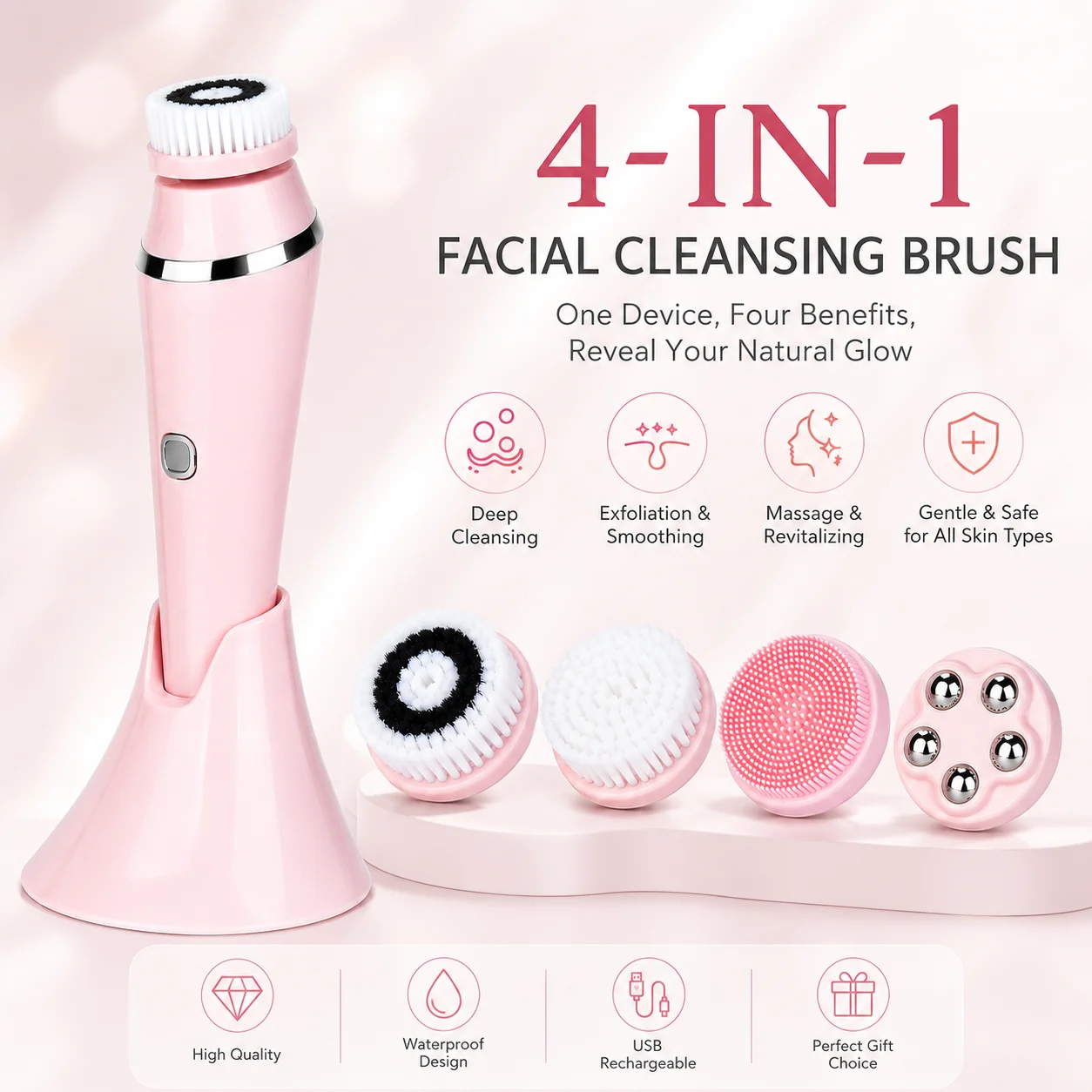 Electric Facial Cleansing Brush 4 IN 1 Rechargeable Deep Pore Cleaner & Massager, Waterproof Face Brush Skincare Tool
Electric Facial Cleansing Brush 4 IN 1 Rechargeable Deep Pore Cleaner & Massager, Waterproof Face Brush Skincare Tool