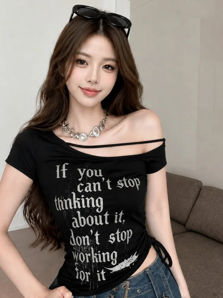 Spicy Girl Short Sleeve T-Shirt Women's Summer New Design Drawstring Short Belly Baring Shoulder Print Street Style Top
Spicy Girl Short Sleeve T-Shirt Women's Summer New Design Drawstring Short Belly Baring Shoulder Print Street Style Top