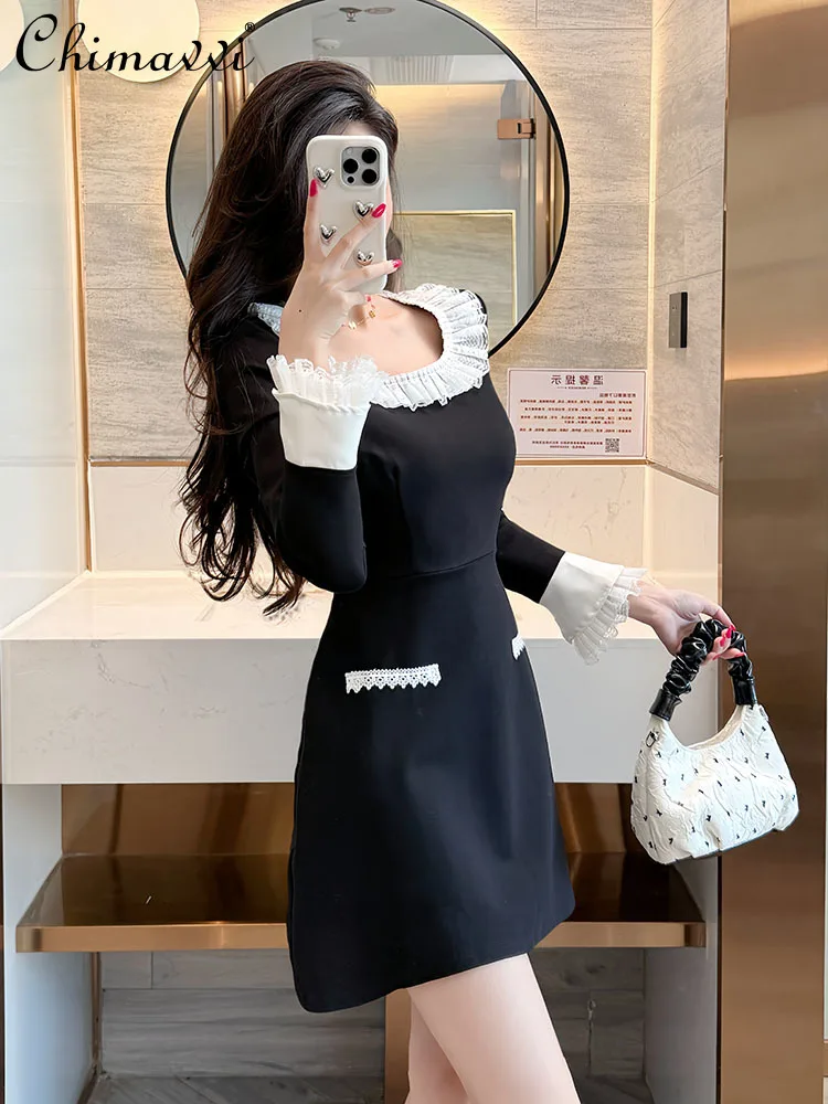 French Elegant Commuting Black Dresses Lace Patchwork Square Neck Long Sleeve High Waist A-line temperament Evening Dress Women
French Elegant Commuting Black Dresses Lace Patchwork Square Neck Long Sleeve High Waist A-line temperament Evening Dress Women