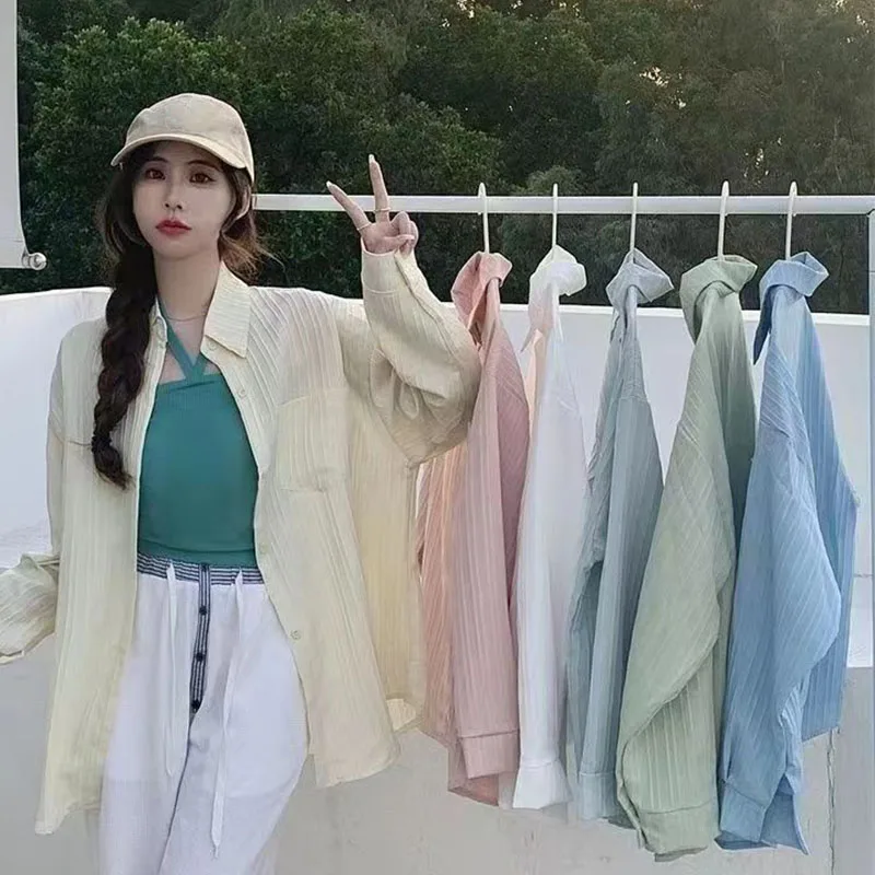 Solid Color Striped Casual Shirts Woman Summer All-match Loose Thin Shirt Coat Female Harajuku Long Sleeve Sun-proof Blouses
Solid Color Striped Casual Shirts Woman Summer All-match Loose Thin Shirt Coat Female Harajuku Long Sleeve Sun-proof Blouses