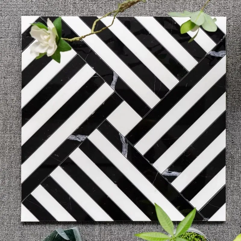 White marble water jet mosaic floor tiles 10mm stone graphic design pure black natural parquet floor hotel villa floor tiles
White marble water jet mosaic floor tiles 10mm stone graphic design pure black natural parquet floor hotel villa floor tiles