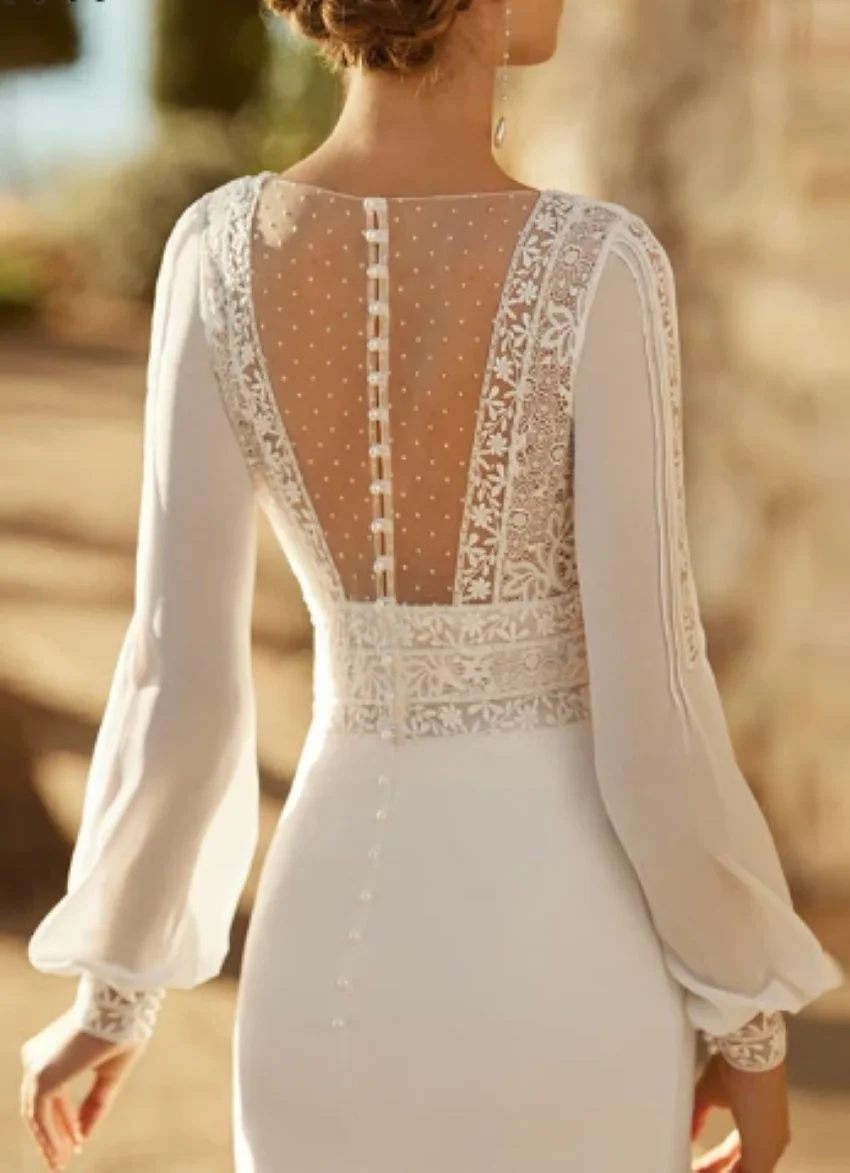 Lace Appliques Bridal Gown Sheer Back Pearl Zipper Bohemian vestido de noiva Sexy V-Neck Satin Wedding Dress Puff Sleeves
Lace Appliques Bridal Gown Sheer Back Pearl Zipper Bohemian vestido de noiva Sexy V-Neck Satin Wedding Dress Puff Sleeves