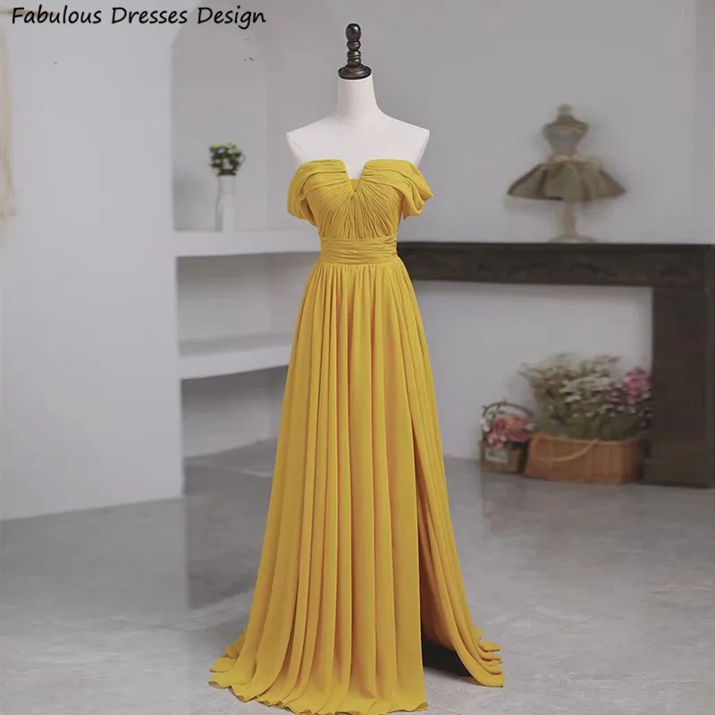 Yellow Chiffon A-line Long Prom Dresses Off Shoulder Slit Pleat Lace Up Back Evening Dress For Women Wedding Party Gowns
Yellow Chiffon A-line Long Prom Dresses Off Shoulder Slit Pleat Lace Up Back Evening Dress For Women Wedding Party Gowns